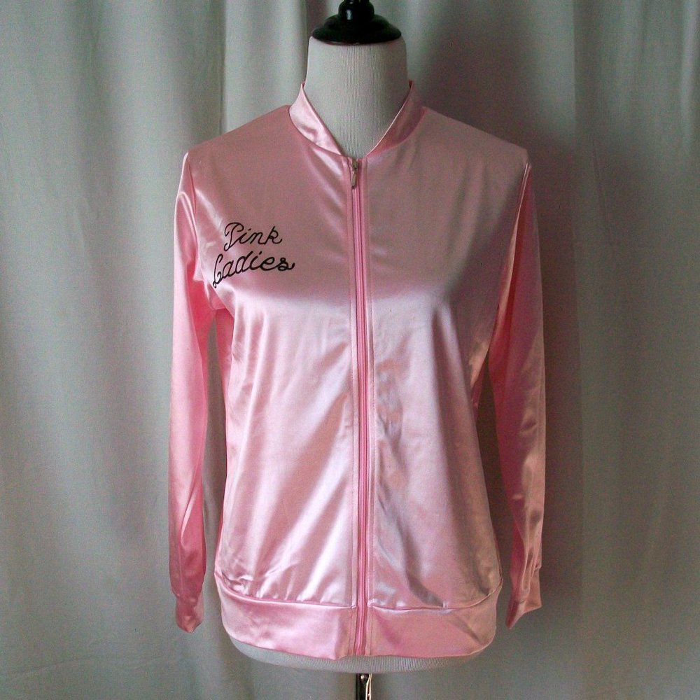 50s Style Rom Com Grease Pink Ladies Satin Unlined Jacket Size S